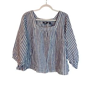 Lands End 1X Blue White Stripe 100% Linen Square Neck 3/4 Sleeve Top